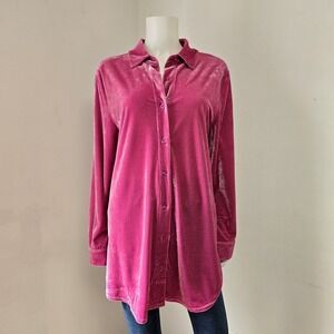 Soft Surroundings Blouse Boyfriend Tunic Shirt Size L Velvet Button Down Pink